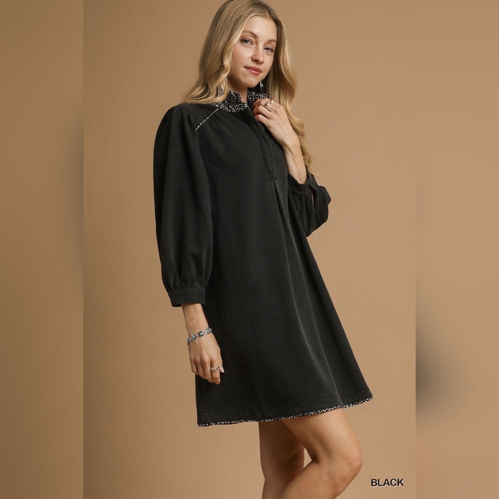 Umgee French Terry Balloon Sleeve Shift Dress with Leopard Print Detail sz Small - Picture 3 of 5